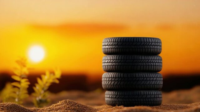 Stacked Car Tires Against a Beautiful Sunset with Sand and Green Plants in the Background, Symbolizing Strength and Resilience