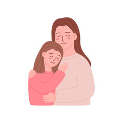Cute mother and child daughter embrace. Happy family embracing, hugging. Motherhood, parenthood. Mom and girl kid together. Love, friendship of characters. Flat vector illustration