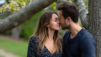 Naklejka premium Romantic couple sharing an intimate moment outdoors under a tree on a spring day