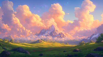 Majestic mountain vista bathed in a golden sunset glow.