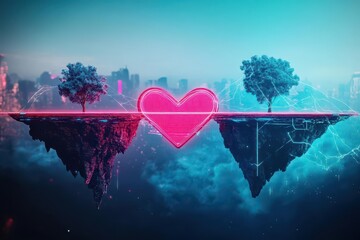 Majestic Heart Shaped Tree Gracefully Positioned atop a Floating Island Surrounded by Lush Greenery and Vibrant Blue Sky Evoking a Dreamlike Atmosphere