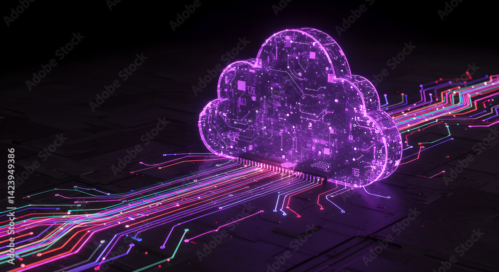 Poster cybersecurity cloud computing concept background with glowing circuit board pattern and vibrant data