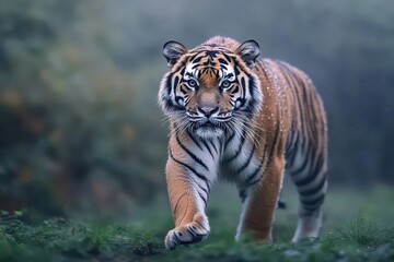 Obraz premium Majestic Tiger Gracefully Striding Through Lush Green Grass Under Gentle Rainfall Evoking a Sense of Wild Beauty and Serenity in Nature