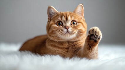 Orange Cat Waving Paw on White Fur