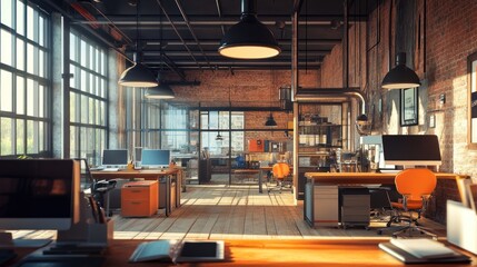 Modern Industrial Loft Office Space: Sunlit Workspace Design