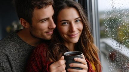 Romantic couple enjoying a cozy moment on a rainy day by the window with coffee, close-up shot