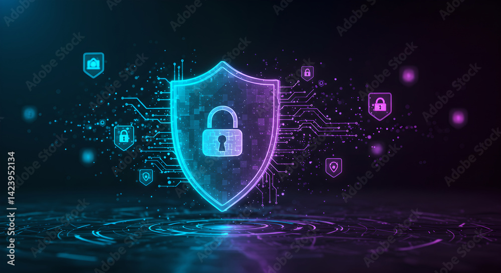 Poster neon shield with padlock icon representing cybersecurity. digital circuit board pattern background a