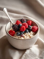 background healthy food A beautiful bowl of oatmeal topped with fresh berries including raspberries, blueberries, and blackberries, showcasing a healthy breakfast.