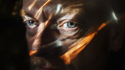 Dramatic close-up of a man's face illuminated by contrasting light patterns