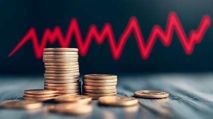 Financial Downturn Symbolized by Stacked Coins and Declining Graph Overlay