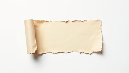 Torn beige paper sheet on a white background, showcasing texture and color for design use
