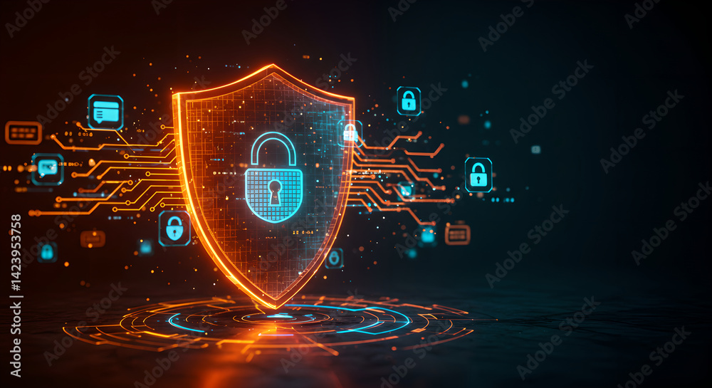 Poster digital cybersecurity shield and lock icon with data circuit on dark background. technology data pro