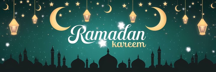 Naklejka premium Ramadan Kareem celebrations with glowing lanterns crescent moons mosque silhouettes elegant white typography and deep teal background symbolizing peace reverence and spiritual joy of the holy month