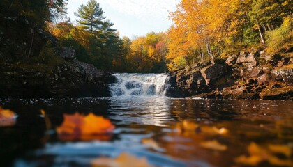 Autumn waterfall, serene nature