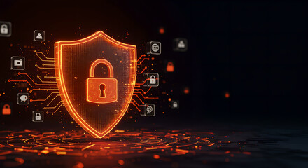 Fototapeta premium Hologram shield with lock and circuit board pattern. Concept of digital security, data protection, and cybersecurity technology. Abstract futuristic background.
