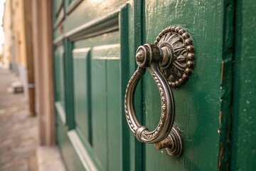A close up of a door handle on a green door. AI generative image.