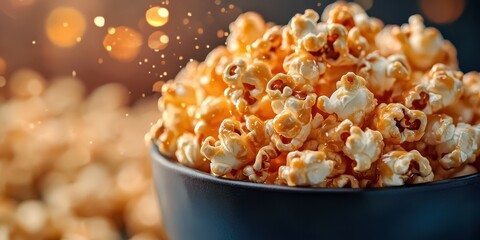 Delicious bowl of fresh popcorn ready for movie night at home with friends