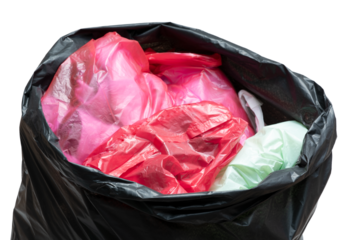 Red plastic garbage in black bag on transparent background