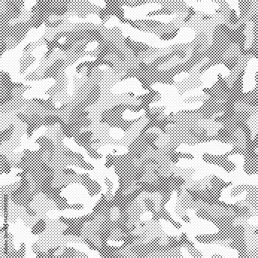 Poster Abstract halftone seamless camouflage pattern. Repeating digital dotted hexagonal camo military texture background. Abstract modern fabric textile ornament. Vector illustration.