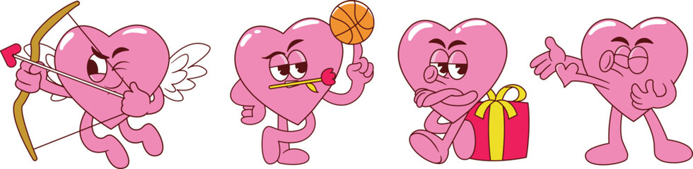 funny trendy love character sticker set. Retro cartoon Valentine's Day. Basketball, rose flower, gift and heart elements