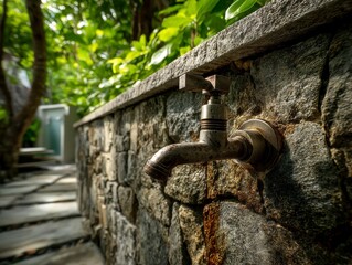 Vintage Water Faucet on Stone Wall Surrounded by Lush Greenery