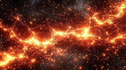 Naklejka premium Stunning abstract image of a fiery, interconnected network. Perfect for technology, energy, or connection themes. Use it for websites, presentations, or artistic projects.