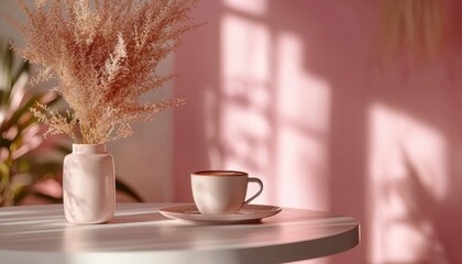 Pink cafe interior with coffee