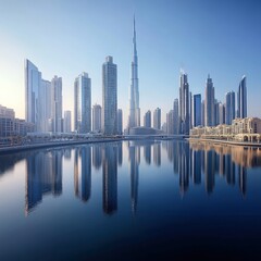 Fototapeta premium Dubai skyline reflecting in calm water at dawn