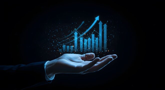 AI image shows a hand presenting a digital graph rising upwards, representing growth, progress, and positive market trends