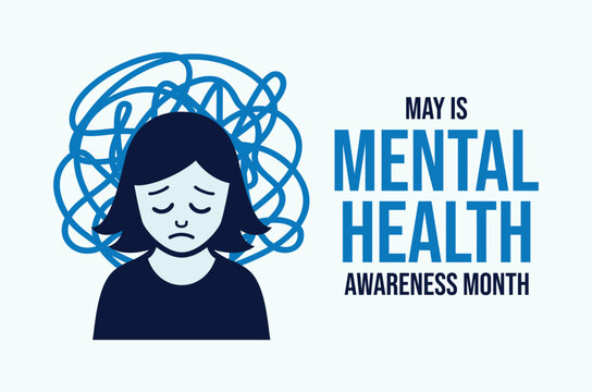May is Mental Health Awareness Month poster vector illustration. Female person with a sad expression icon. Depressed woman symbol. Template for background, banner, card. Important day