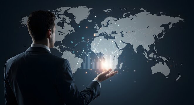 AI image features a businessman holding a world map with financial data overlay, representing global markets and investment opportunities.