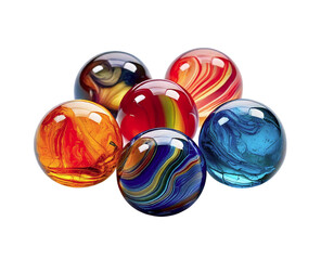 Vibrant glass marbles cluster together on a pristine white background.  Their swirling, multicolored designs create a captivating visual, perfect for themes of creativity, energy, and playfulness.