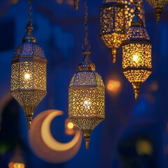 Ramadan Ambiance: A Collection of Beautifully Crafted Lanterns Radiating Warm Light Under the Auspicious Crescent Moon at Dusk.