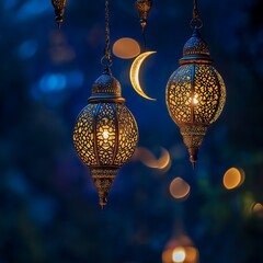 Golden Lights of Eid: Decorative Islamic Lanterns Hanging Brightly Beneath a Crescent Moon in a Starry Night Sky.