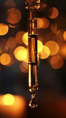 Fototapeta premium Macro shot of a glass dropper with golden liquid and drop against dark background with bokeh lights. Abstract scientific experiment concept.