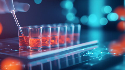 Pipette dripping red liquid into multiple test tubes in a laboratory setting with abstract blue glowing network graphics and bokeh background representing science and healthcare research innovation an
