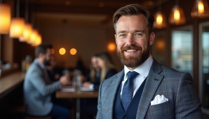 Confident bearded plus size man in elegant suit and tie looking at camera while standing on cozy office