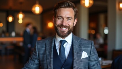 Confident bearded plus size man in elegant suit and tie looking at camera while standing on cozy office
