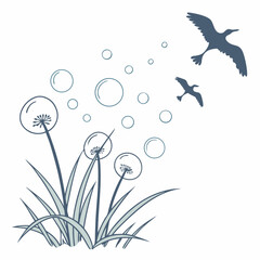 Dandelions With Birds And Bubbles In Minimalist Flat Vector Art Style