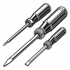 Three Screwdrivers Different Types Tools For Repair In Black And White