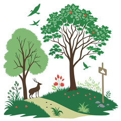 Serene Forest Scene With Deer Path And Birds Illustration Graphic