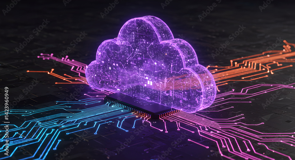 Poster cloud computing technology over circuit board. hologram cloud on microchip processor. data center st