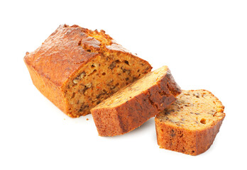 Cut homemade carrot cake with nuts isolated on white