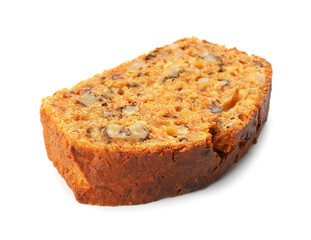 Piece of homemade carrot cake with nuts isolated on white