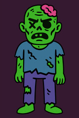Bright green zombie with exposed pink brain and cyan shirt. Naive retro style with expressive mad face, conveying a spooky Halloween atmosphere.​