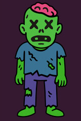 Bright green zombie with exposed pink brain and cyan shirt. Naive retro style with expressive mad face, conveying a spooky Halloween atmosphere.​
