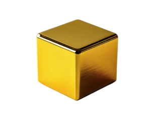 A gleaming gold cube, perfectly formed, sits on a light grey surface. Its reflective surface hints at wealth, success, and stability.  Ideal for concepts of luxury, finance, or minimalist design.