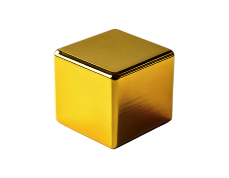 A gleaming gold cube, perfectly formed, sits on a light grey surface. Its reflective surface hints at wealth, success, and stability.  Ideal for concepts of luxury, finance, or minimalist design.