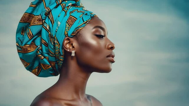 Elegant African woman with headwrap poses in profile against a gradient blue sky background in a beauty portrait with jewelry