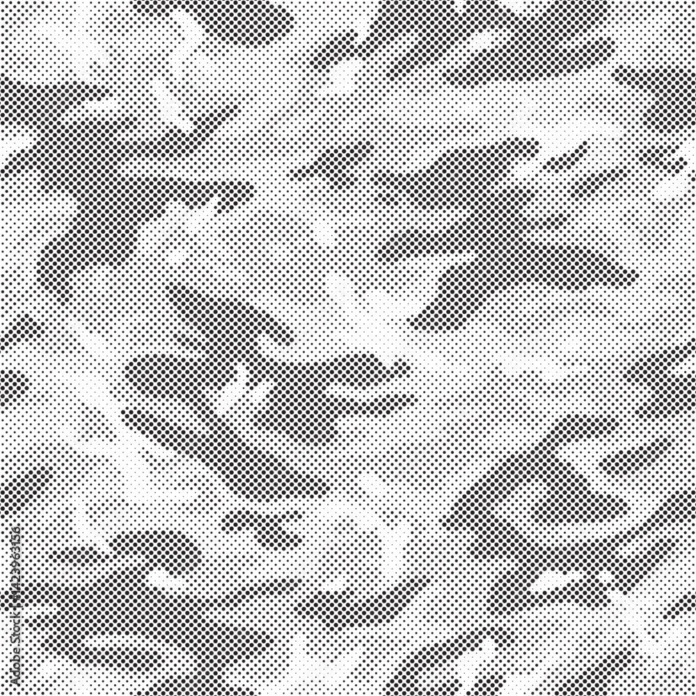 Poster Abstract halftone seamless camouflage pattern. Repeating digital dotted hexagonal camo military texture background. Abstract modern fabric textile ornament. Vector illustration.